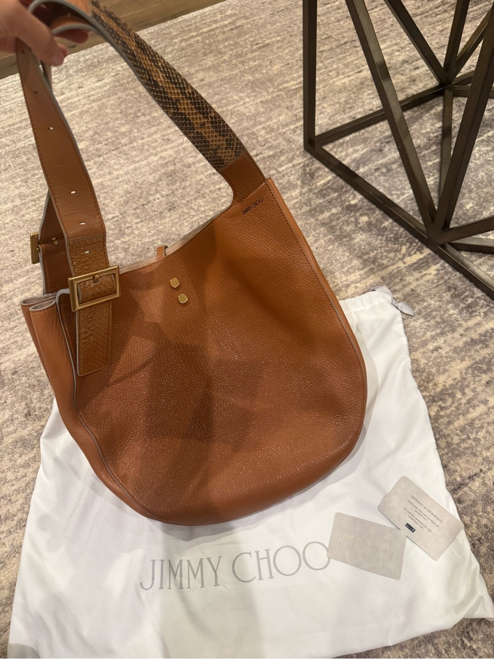 Rare Vintage Jimmy Choo Cognac Leather Hobo with Snakeskin Pattern Strap